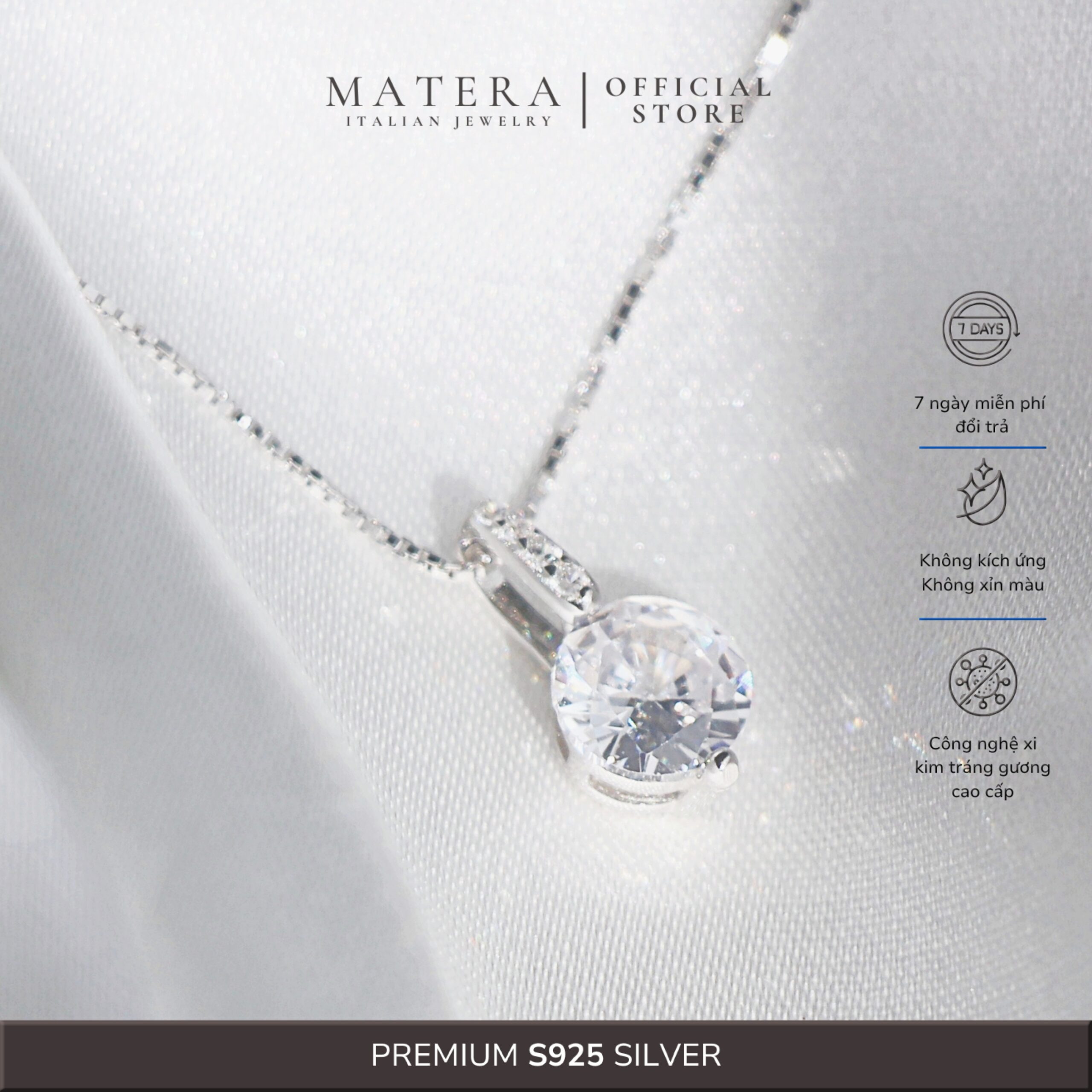 Dây chuyền bạc nữ 𝐃𝐢𝐚𝐦𝐨𝐧𝐝 𝐆𝐥𝐞𝐚𝐦𝐢𝐧𝐠 MATERA S925 dây lụa mặt đá tròn lấp lánh sang trọng cao cấp MDC20