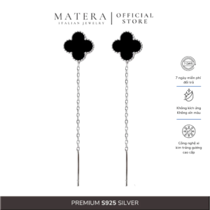 Bông tai bạc 𝐁𝐥𝐚𝐜𝐤 𝐀𝐮𝐫𝐚 MATERA S925 khuyên bạc dáng dài cao cấp hoa 4 cánh đen sang trọng MBT31