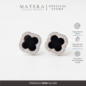 Bông tai bạc 𝐌𝐲𝐬𝐭𝐢𝐜 𝐅𝐥𝐨𝐫𝐚 MATERA S999 khuyên bạc cao cấp hoa 4 cánh đen lớn đính đá tinh xảo MBT30