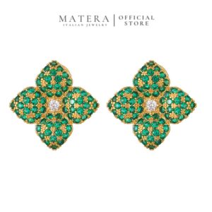 Bông Tai Bạc S925 Phủ Vàng Dáng Nụ Nạm Kín Đá Xanh Lục Bảo MATERA Verda Clover Earrings MW9