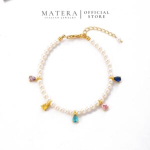Lắc Tay Bạc S925 Phủ Vàng Mix Ngọc Trai Và Đá Đa Sắc MATERA Iris Charm MW2