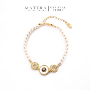 Lắc Tay Bạc S925 Phủ Vàng Chuỗi Ngọc Trai Phối Charm Khảm Xà Cừ & Mặt Trời MATERA Aura Pearl MW36