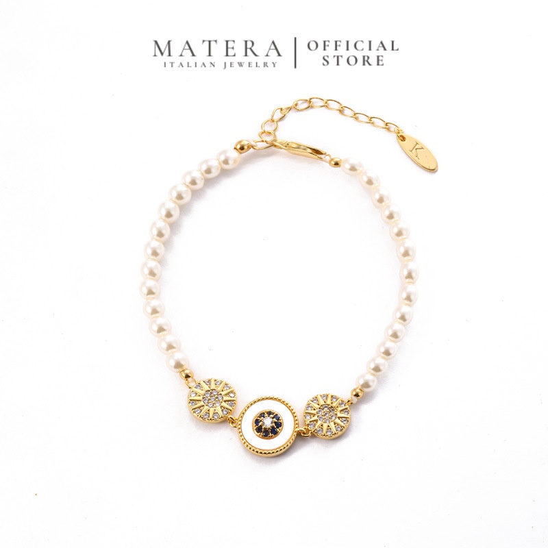 Lắc Tay Bạc S925 Phủ Vàng Chuỗi Ngọc Trai Phối Charm Khảm Xà Cừ & Mặt Trời MATERA Aura Pearl MW36