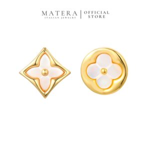 Bông Tai Bạc S925 Phủ Vàng 14K Dáng Nụ Bất Đối Xứng Hoa Bốn Cánh Khảm Xà Cừ MATERA Monogram Duo MW43