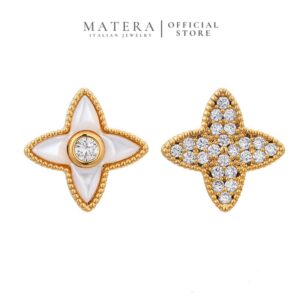 Bông Tai Bạc S925 Phủ Vàng Khảm Xà Cừ Đính Đá Bất Đối Xứng MATERA Selene Cross MW5