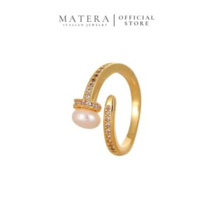 Nhẫn Bạc S925 Phủ Vàng Thiết Kế Xoắn Hở Đính Đá Phối Ngọc Trai MATERA MW6 Helix Pearl