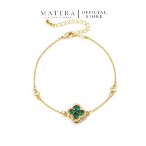 Lắc Tay Bạc S925 Phủ Vàng Mặt Cỏ 4 Lá Đính Đá Xanh Lục Bảo MATERA Emerald Clover Bracelet MW7