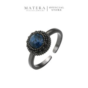 Nhẫn Bạc S925 Mạ Đen Dáng Hở Đính Đá Xanh Đại Dương Huyền Bí MATERA Notte Luna Anello MW23