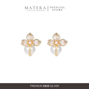 Bông Tai Bạc S925 Phủ Vàng Hình Hoa Đính Đá Kết Hợp Ngọc Trai Cao Cấp MATERA Lyra Pearl MW3