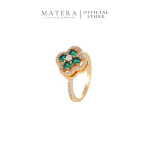 Nhẫn Bạc S925 Phủ Vàng Hình Cỏ 4 Lá Đính Đá Xanh Lục Bảo MATERA Emerald Clover MW4