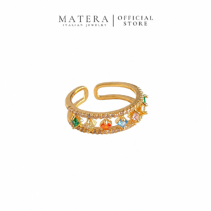 Nhẫn Nữ Bạc S925 Phủ Vàng 14K Đai Kép Đính Đá Hình Thoi Đa Sắc MATERA Rainbow Prism MW74