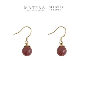 Bông Tai Nữ Bạc S925 Mạ Vàng 18K Dáng Móc Thả Đá Thạch Anh Dâu Tây MATERA Strawberry Quartz MW71