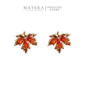 Bông Tai Nữ Bạc S925 Mạ Vàng Đính Đá Hình Lá Phong Đỏ MATERA Crimson Maple MW60