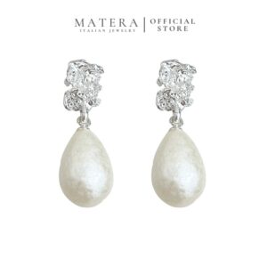 Bông Tai Nữ Bạc S925 Mạ Bạch Kim Dáng Thả Ngọc Trai Giọt Nước Kiểu Pháp MATERA Pearl Drop MW69