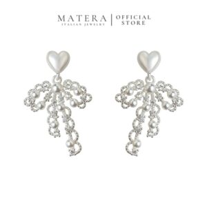 Bông Tai Nữ Bạc S925 Mạ Bạch Kim Hình Trái Tim & Nơ Ngọc Trai MATERA Ribbon Heart MW65