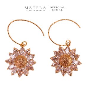 Bông Tai Nữ Bạc S925 Mạ Vàng Dáng Thả Móc Cầu Hình Hoa Hướng Dương Đính Đá Zircon MATERA Sunflower Bloom MW79