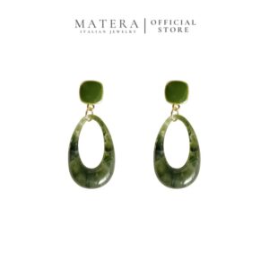 Bông Tai Nữ Bạc S925 Mạ Vàng Dáng Thả Nhựa Resin Xanh Lục Cổ Điển MATERA Emerald Veil MW66